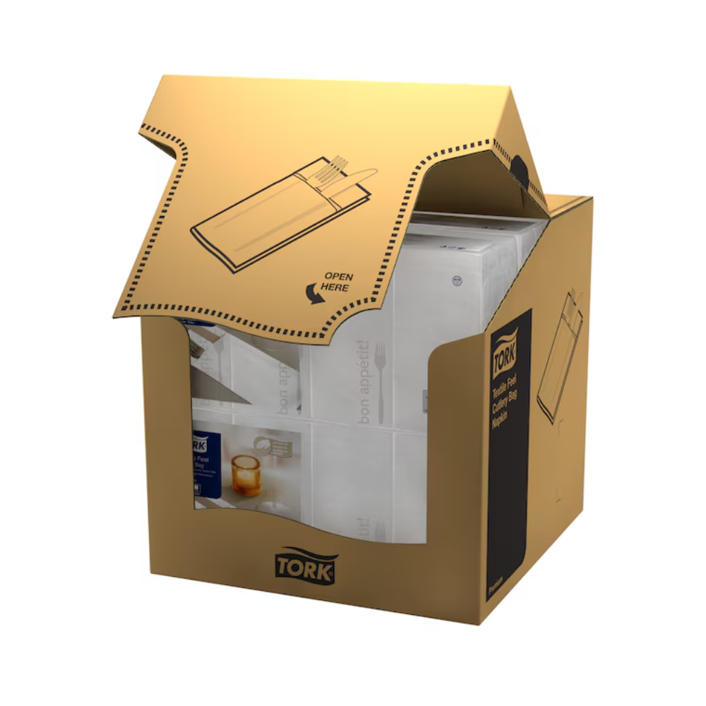 Ein teilweise geöffneter Karton mit der Aufschrift „Tork 13662 Tork Soft Guten Appetit Bestecktasche | Karton (6 Packungen)“ der Marke TORK – Essity Professional Hygiene Germany GmbH enthält weiße Papierservietten, auch Papierservietten genannt. Der Karton verfügt über eine perforierte Öffnung für einfachen Zugriff und enthält eine Abbildung, die zeigt, wie man ihn öffnet, wobei auf der oberen Klappe deutlich sichtbar „Hier öffnen“ steht.