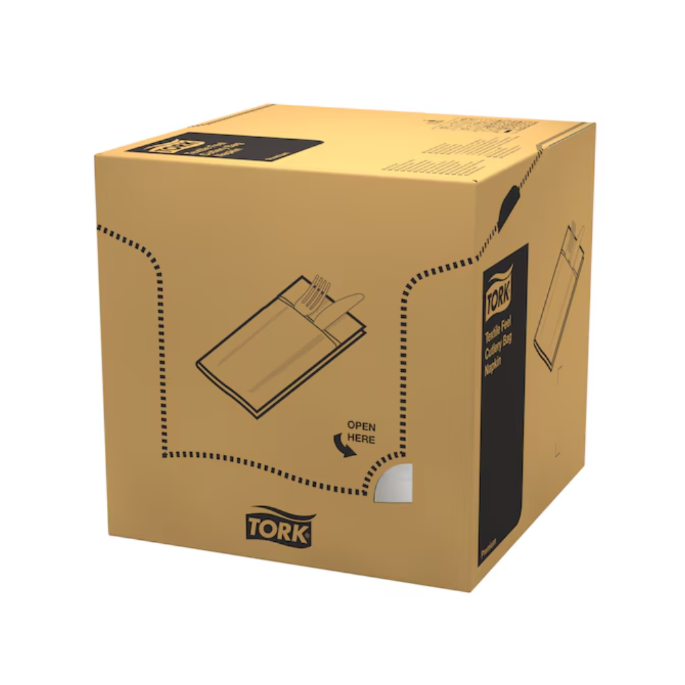 Auf einem großen, braunen Karton sind das Logo und die Marke von TORK – Essity Professional Hygiene Germany GmbH deutlich zu sehen, außerdem sind Grafiken und Anweisungen zum Öffnen aufgedruckt. Er ist für die Ausgabe von Handtüchern oder Servietten konzipiert und mit der Tork 13662 Tork Soft Guten Appetit Bestecktasche kompatibel. Damit ist er die ideale Wahl für den vielseitigen Einsatz in jeder Umgebung.