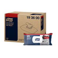 A large box labeled “Tork 193600 Premium W20 Wet Surface Disinfectant Wipes | Box (12 packs)” by TORK – Essity Professional Hygiene Germany GmbH, with the slogan “Surface Disinfectant,” stands next to an elegant, smaller package. This white package, featuring blue and red accents, displays an image of the wipes and proudly shows the number “60.”