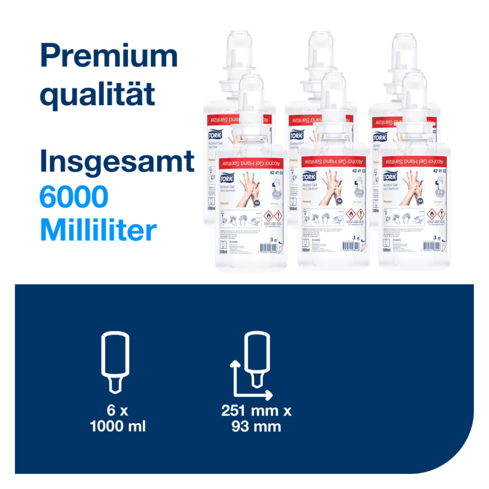 Das Bild zeigt ein Set aus sechs Flaschen mit der Aufschrift „Tork 424103 Händedesinfektionsgel S4“, wobei jede Flasche insgesamt 6000 Milliliter enthält. Der deutsche Text unterstreicht „Premium Qualität“ und „Insgesamt 6000 Milliliter“. Ein Diagramm darunter gibt die Abmessungen mit 251 mm x 93 mm an und unterstreicht die Wirksamkeit gegen Krankheitserreger. Das Produkt ist von der Marke TORK – Essity Professional Hygiene Germany GmbH.