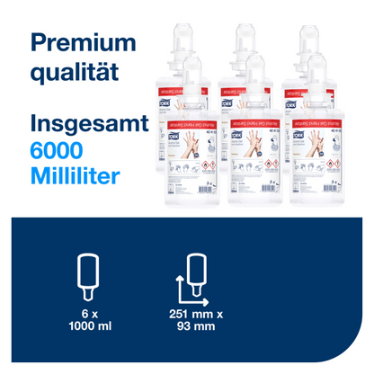 Das Bild zeigt ein Set aus sechs Flaschen mit der Aufschrift „Tork 424103 Händedesinfektionsgel S4“, wobei jede Flasche insgesamt 6000 Milliliter enthält. Der deutsche Text unterstreicht „Premium Qualität“ und „Insgesamt 6000 Milliliter“. Ein Diagramm darunter gibt die Abmessungen mit 251 mm x 93 mm an und unterstreicht die Wirksamkeit gegen Krankheitserreger. Das Produkt ist von der Marke TORK – Essity Professional Hygiene Germany GmbH.