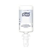 A white bottle of Tork 424701 Sensitive Liquid Soap (1000 ml) is shown against a plain background. The label highlights the soap’s skin-friendly properties, which make it ideal for sensitive skin. The bottle features a dispenser nozzle and emphasizes its gentle formula with natural ingredients.