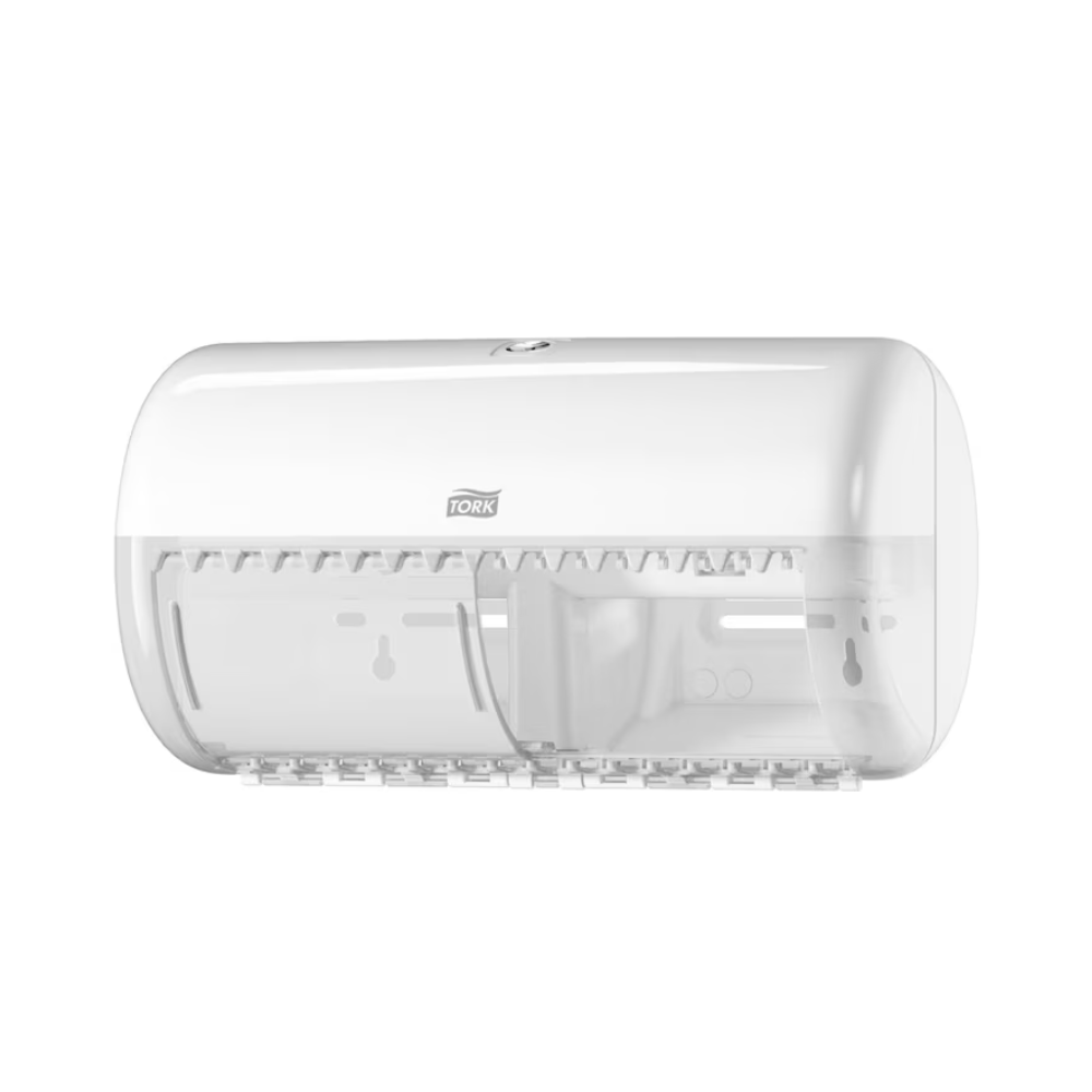 Ein weißer TORK Tork 557000 Spender für Kleinrollen Toilettenpapier Elevation T4 | Packung (1 Stück), konzipiert für die Aufnahme von zwei Rollen Kleinrollen Toilettenpapier. Er verfügt über ein Elevation-Design mit einer transparenten Frontabdeckung, damit die Rollen im Inneren sichtbar sind, und lässt sich leicht an der Wand montieren.