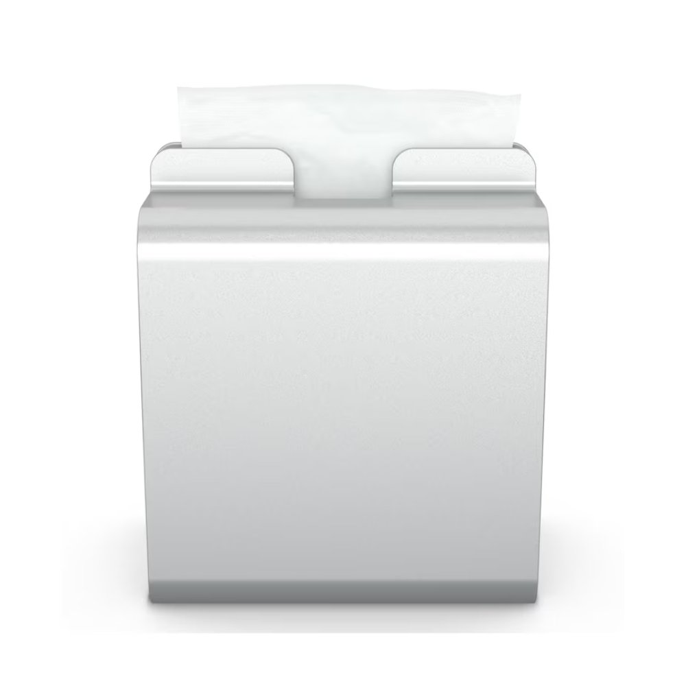 Der aus Aluminium gefertigte Tork Xpressnap® 274002 Serviettenspender von Essity Professional Hygiene Germany GmbH zeigt vor einem schlichten weißen Hintergrund ein einzelnes elegant herausgezogenes weißes Tuch – ideal für Selbstbedienungsrestaurants.