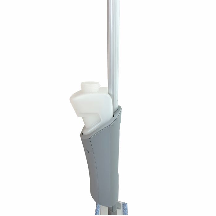 A close-up of the Arcora Ultra Mobile Spray Mop System | Carton (1 piece) by Arcora International GmbH with a gray handle and white refill bottle in its compartment against a plain white background.
