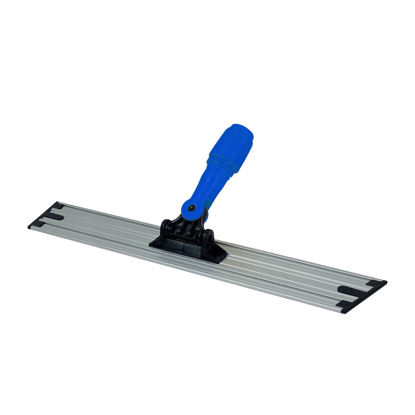 The Arcora Ultra Velcro Velcro Mop Holder Aluminum from Arcora International GmbH features a long, flat, silver aluminum foot with blue and black accents and a plastic swivel for handle attachment - ideal for professional floor cleaning, here in white.