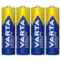 Four Varta AG Industrial Pro Mignon AA batteries arranged vertically in a row, with blue and yellow brand labels.