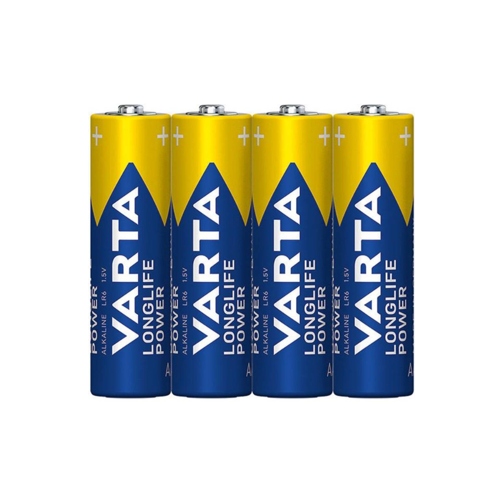 Four Varta Longlife Power 4906 AA batteries (LR6, 4 pieces in foil) stand upright side by side. The blue and yellow labels of the Varta AG brand show their suitability for devices with high energy demand.
