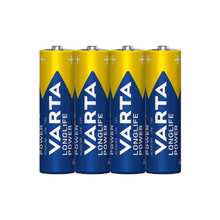 Vier Varta Longlife Power 4906 AA Batterien (LR6, 4 Stück in Folie) stehen aufrecht nebeneinander. Die blauen und gelben Labels der Marke Varta AG zeigen ihre Eignung für Geräte mit hohem Energiebedarf.
