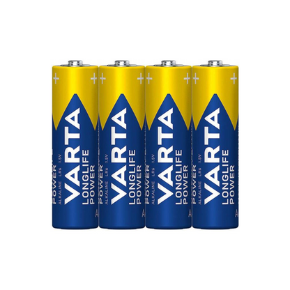 Four Varta Longlife Power 4906 AA batteries (LR6, 4 pieces in foil) stand upright side by side. The blue and yellow labels of the Varta AG brand show their suitability for devices with high energy demand.