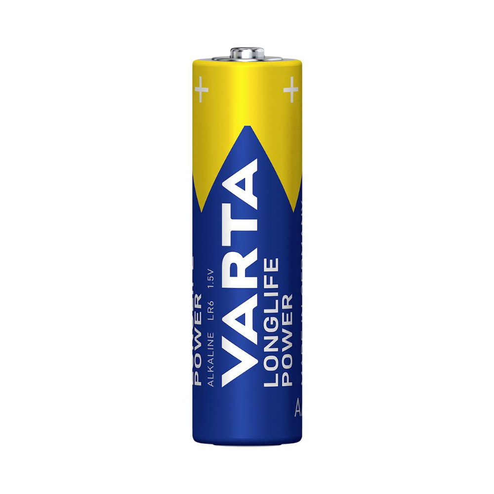 A pack of 4 Varta Longlife Power 4906 AA batteries from Varta AG, in blue and yellow design, stands on a white background. Perfect for devices with high energy demand, the packaging shows brand and product details.