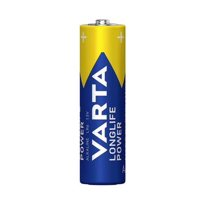 A pack of 4 Varta Longlife Power 4906 AA batteries from Varta AG, in blue and yellow design, stands on a white background. Perfect for devices with high energy demand, the packaging shows brand and product details.