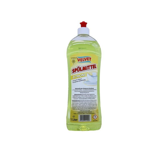Una botella de plástico de 1 litro de detergente para lavavajillas Velvet, de color amarillo, de la Stern Waschmittel GmbH con tapón abatible rojo y etiqueta amarilla con información sobre el producto en alemán.