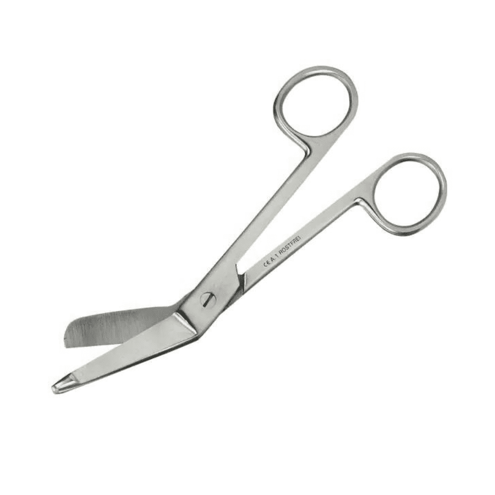 A Lister-style dressing scissors from Servoprax GmbH with stainless steel blades and round handles. These sterile dressing scissors feature a blunt tip on one blade for safe cutting and are ideal for precise and hygienic use in various medical settings.
