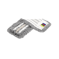 Against a white background rests a gray mop head with tiered fringes and a multicolored label highlighting the high cleaning performance of the CombiSpeed Trio Mop from Vileda GmbH.