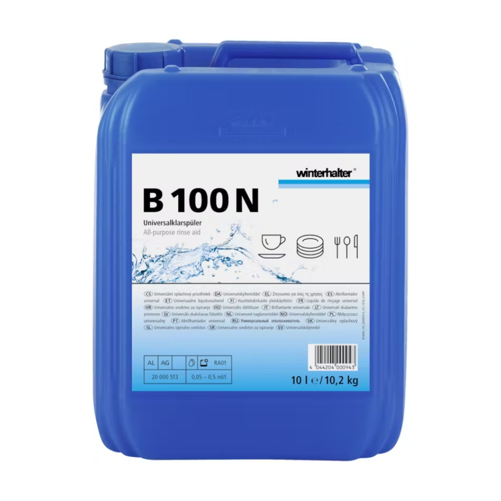 En blå 10-liters beholder med Winterhalter B 100 N skyll fra Altruan, som er utviklet for kommersielle oppvaskmaskiner. På emballasjen er produktnavnet, logoer og bilder av servise som fremhever produktets evne til å sikre flekkfri tørking og å være egnet for ulike oppvaskapplikasjoner.