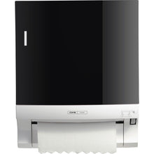 Der CWS Frontpanel für Rollenpapierhandtuchspender Paperroll ist ein schwarz-weißer Wandspender mit sichtbarem Handtuchpapier, kleinen Grafiken und dem CWS Markenlabel auf der Vorderseite - perfekt zur Optimierung von Waschräumen.