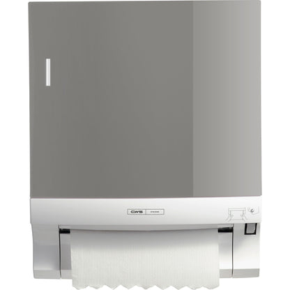Det veggmonterte CWS-frontpanelet for rulleserviettdispenseren Paperroll fra CWS viser et delvis trukket ut ark og et instruksjonssymbol, og er dermed ideelt for en effektiv vaskeromsoptimalisering.