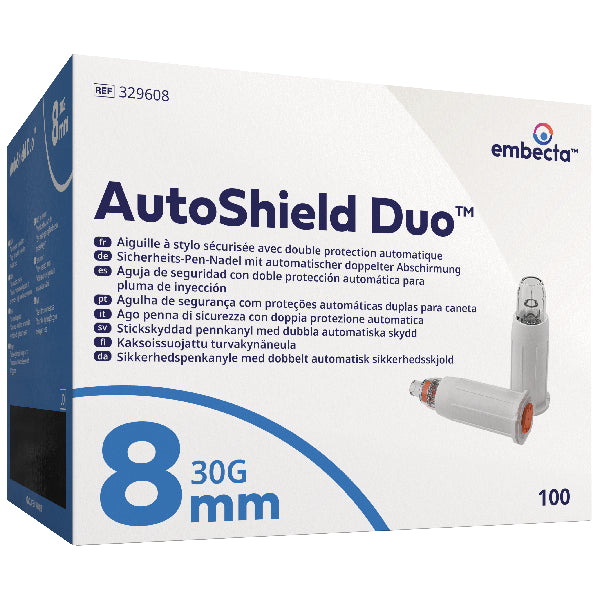Agujas para bolígrafo de seguridad Embecta AutoShield Duo, 100 piezas - 30G - 8 mm