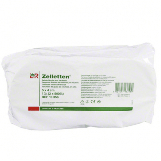 El envase de gasas de celulosa Zelletten® de Lohmann & Rauscher es ideal para aplicaciones médicas. En la etiqueta se indican las dimensiones (5 x 4 cm), la cantidad (2 envases de 500 unidades) y el número de referencia (13 356). El envase es predominantemente blanco con texto en verde.