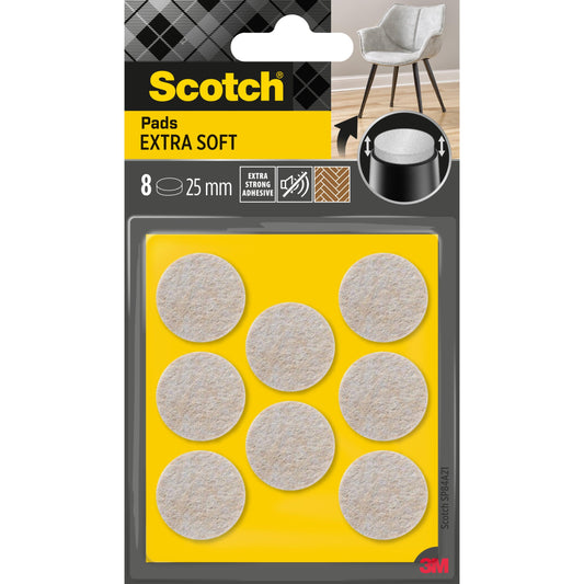 Eine Packung 3M Scotch® Extra weiche Filzpads, selbsthaftend, beige, enthält 8 runde Pads (je 25 mm) auf gelber Verpackung. Die Packung verfügt über einen extra starken Klebstoff und ist für die Verwendung an Möbeln konzipiert.