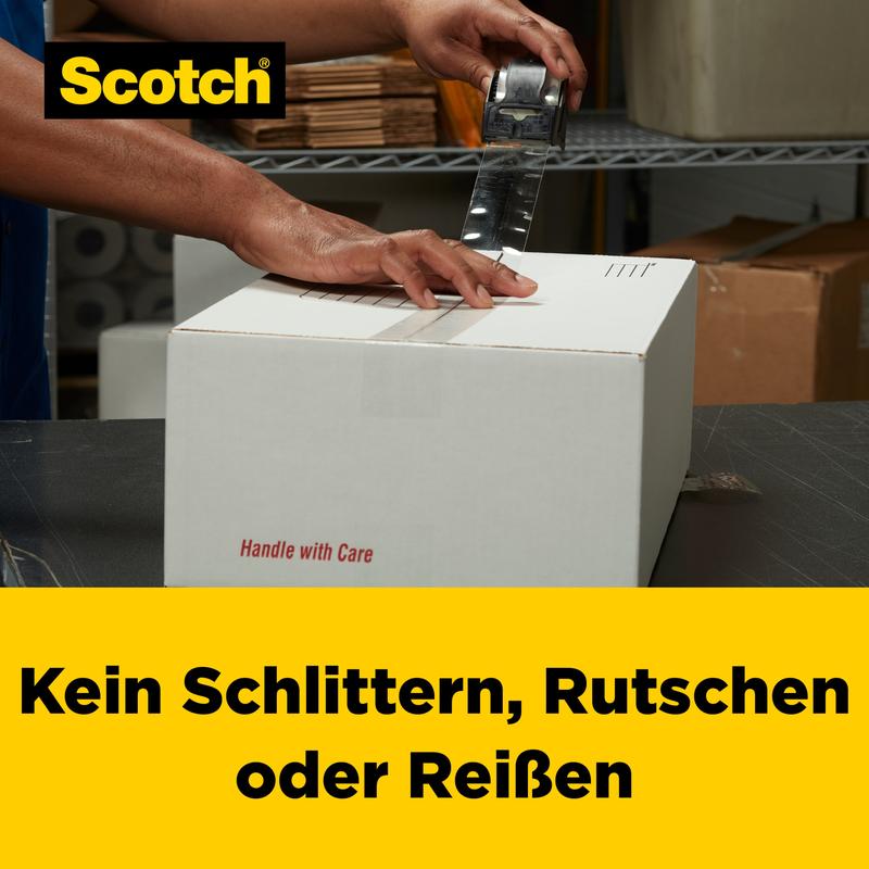 En person lukker en kartong med påskriften "Handle with Care" med Scotch® Box Lock™ emballasjetape (48 mm x 20,3 m) fra 3M Deutschland GmbH; bildet viser Scotch-logoen og den tyske teksten: "Ingen glidning, glidning eller riving."