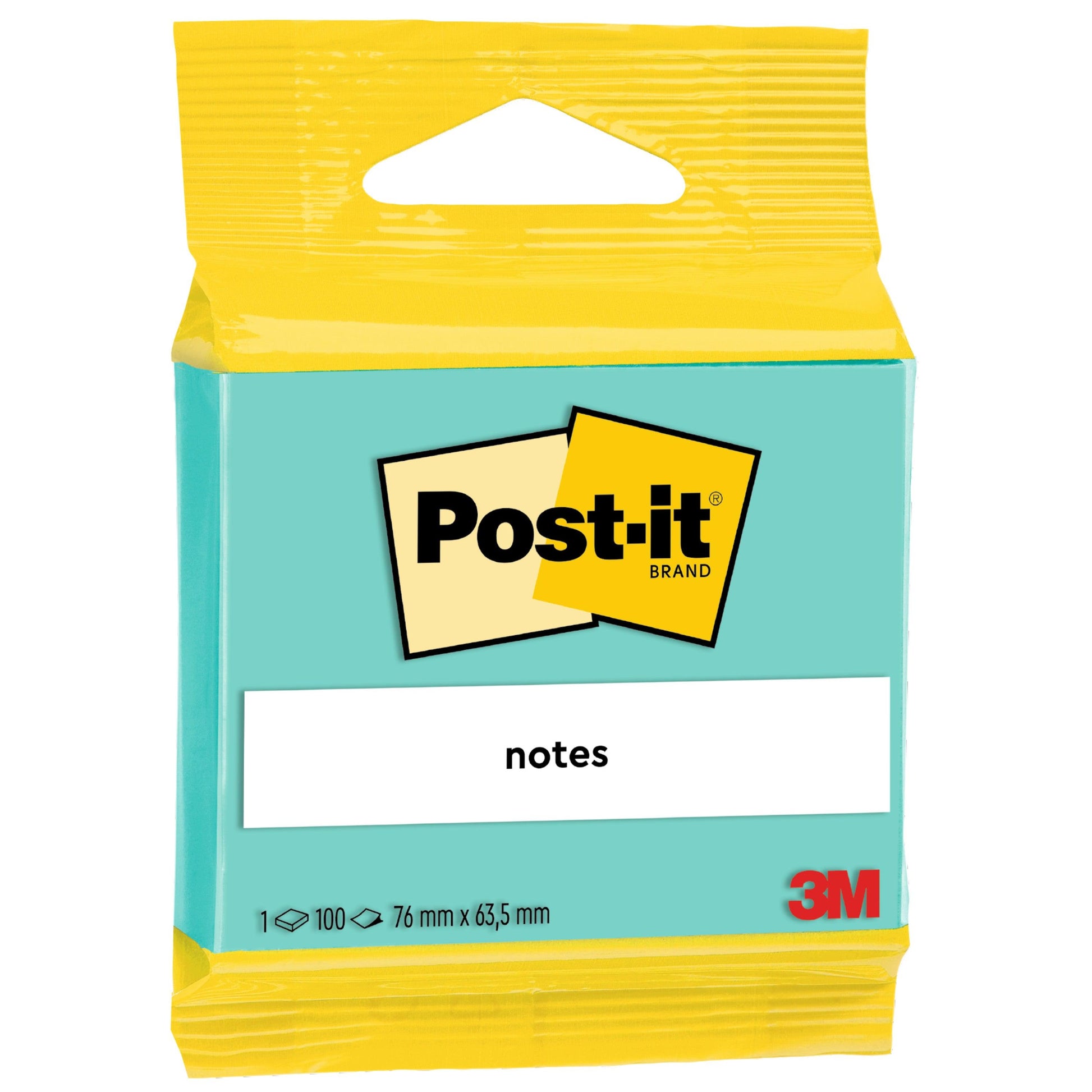 Eine Packung 3M Post-it® Notes (63,5 mm x 76 mm, 100 Blatt/Block, 100% PEFC) der 3M Deutschland GmbH zeigt eine gelbe Oberseite, einen türkisfarbenen Korpus, das Post-it-Logo, "Notes" und Produktangaben wie Größe und Menge.