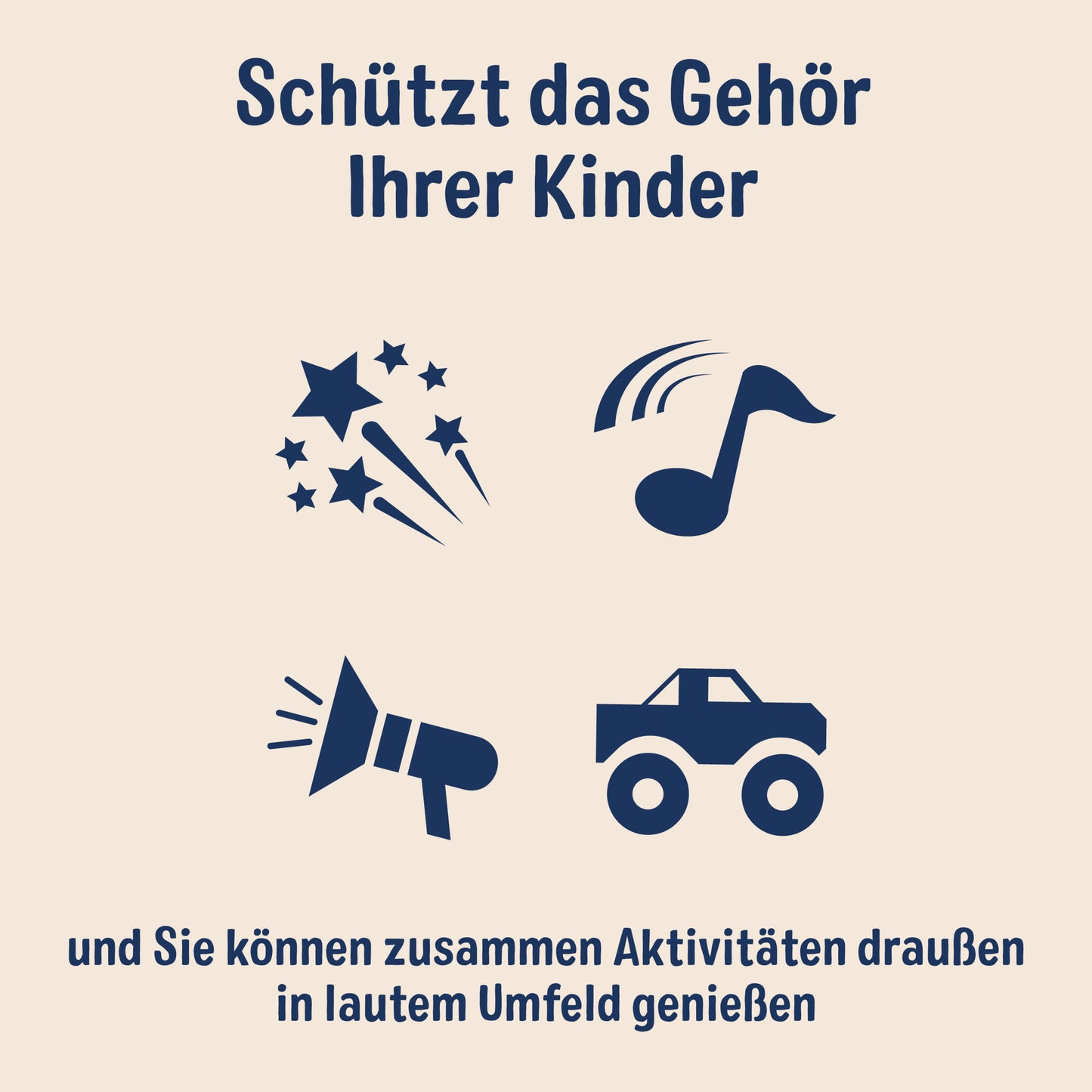 Eine Grafik mit deutschem Text über 3M™ Gehörschutz für Kinder mit Gehörschutz PKIDSP-TEAL-E (87-98 dB, türkis) von 3M Deutschland GmbH. Icons: Glitzer, Musiknote, Megaphon, Monstertruck auf beigem Hintergrund mit dunkelblauen Akzenten.