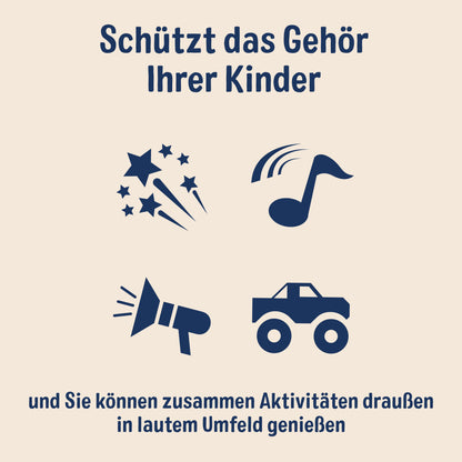 Eine Grafik mit deutschem Text über 3M™ Gehörschutz für Kinder mit Gehörschutz PKIDSP-TEAL-E (87-98 dB, türkis) von 3M Deutschland GmbH. Icons: Glitzer, Musiknote, Megaphon, Monstertruck auf beigem Hintergrund mit dunkelblauen Akzenten.