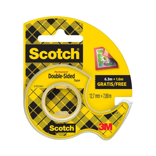 Un paquete de cinta adhesiva de doble cara Scotch® de 3M Deutschland GmbH (12,7 mm x 7,89 m) con 25% extra gratis y dispensador manual amarillo, adecuado para usar en papel. Contiene 1 rollo.
