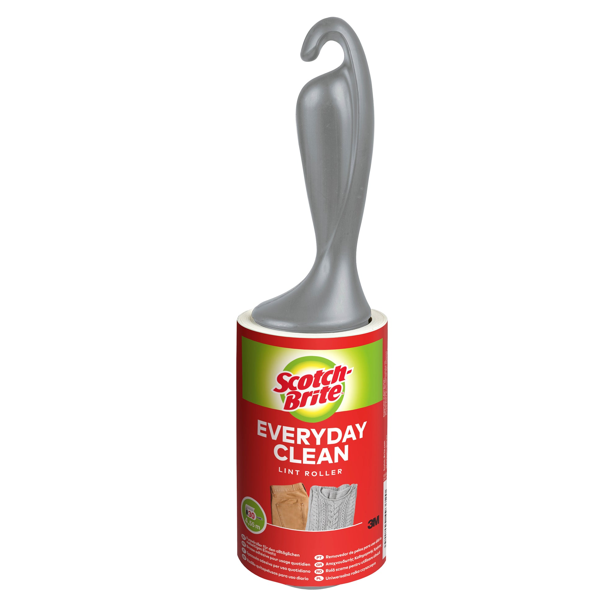 Der Scotch-Brite™ Everyday Clean Fusselroller von 3M Deutschland GmbH hat einen grauen ergonomischen Griff, ein rotes Etikett mit Marken- und Produktinformationen und wird mit 30 Blatt pro Packung (1 Stück) geliefert.