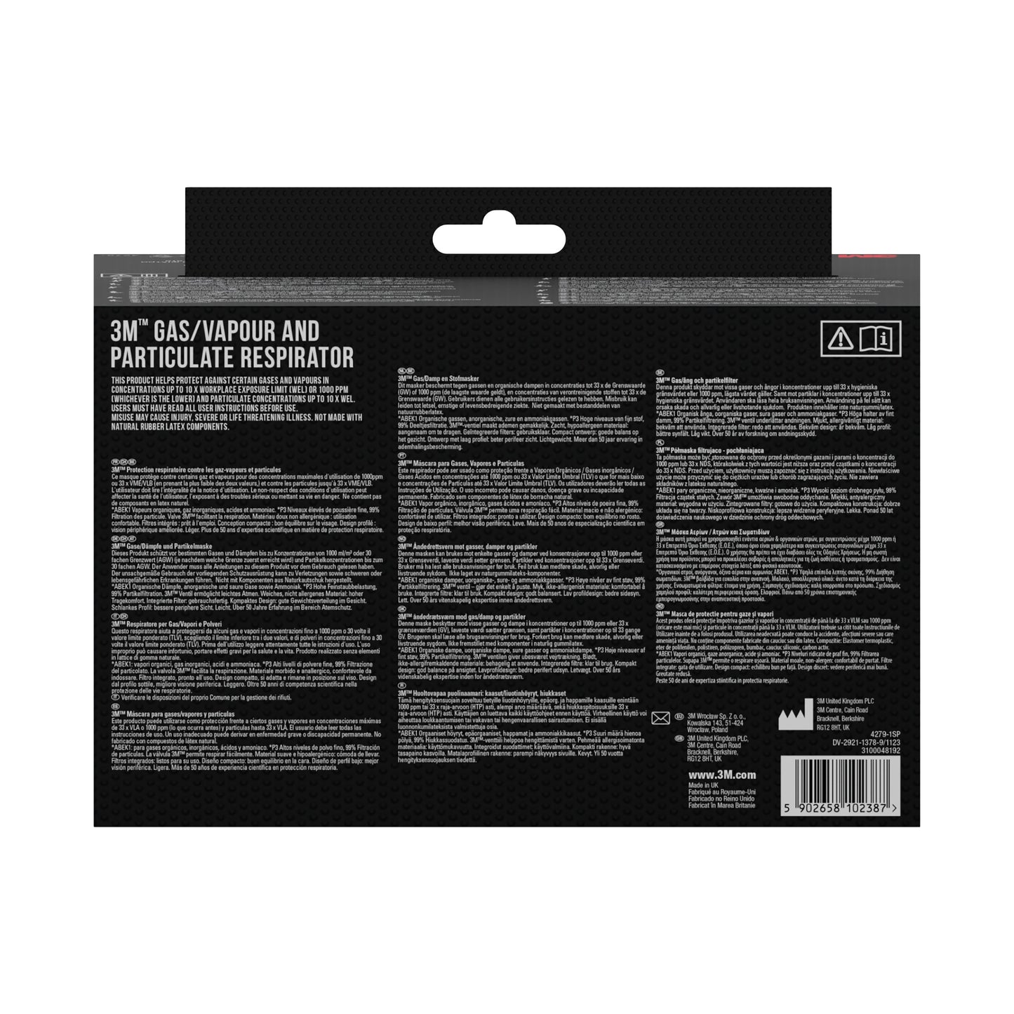 Die Rückseite der 3M™ Atemschutzmaske mit integrierten Filtern von 3M Deutschland GmbH enthält Produktinformationen, Anweisungen und Warnhinweise in mehreren Sprachen auf schwarzem Hintergrund mit weißer Schrift sowie einen Barcode unten rechts.