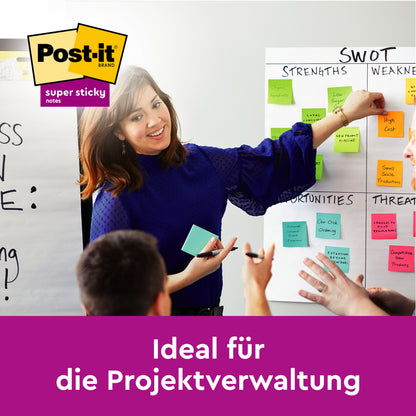 Eine Frau bespricht mit zwei Kollegen an einem Flipchart eine SWOT-Analyse mit Post-it® Super Sticky 100 % Recycling Notes (76x76 mm, 70 Blatt/Block, 100 % PEFC) von 3M Deutschland GmbH. Ideal für die Projektverwaltung.