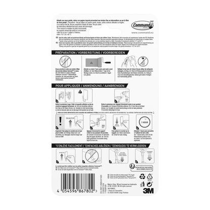 Die Rückseite der Kleiner Command™ Metallhaken in gebürstetem Nickel, 17033, 1 Haken, 2 Strips von 3M Deutschland GmbH zeigt mehrsprachige Bildanleitungen zum Anbringen und Entfernen sowie Infos zu starkem Halt und edlem Finish.