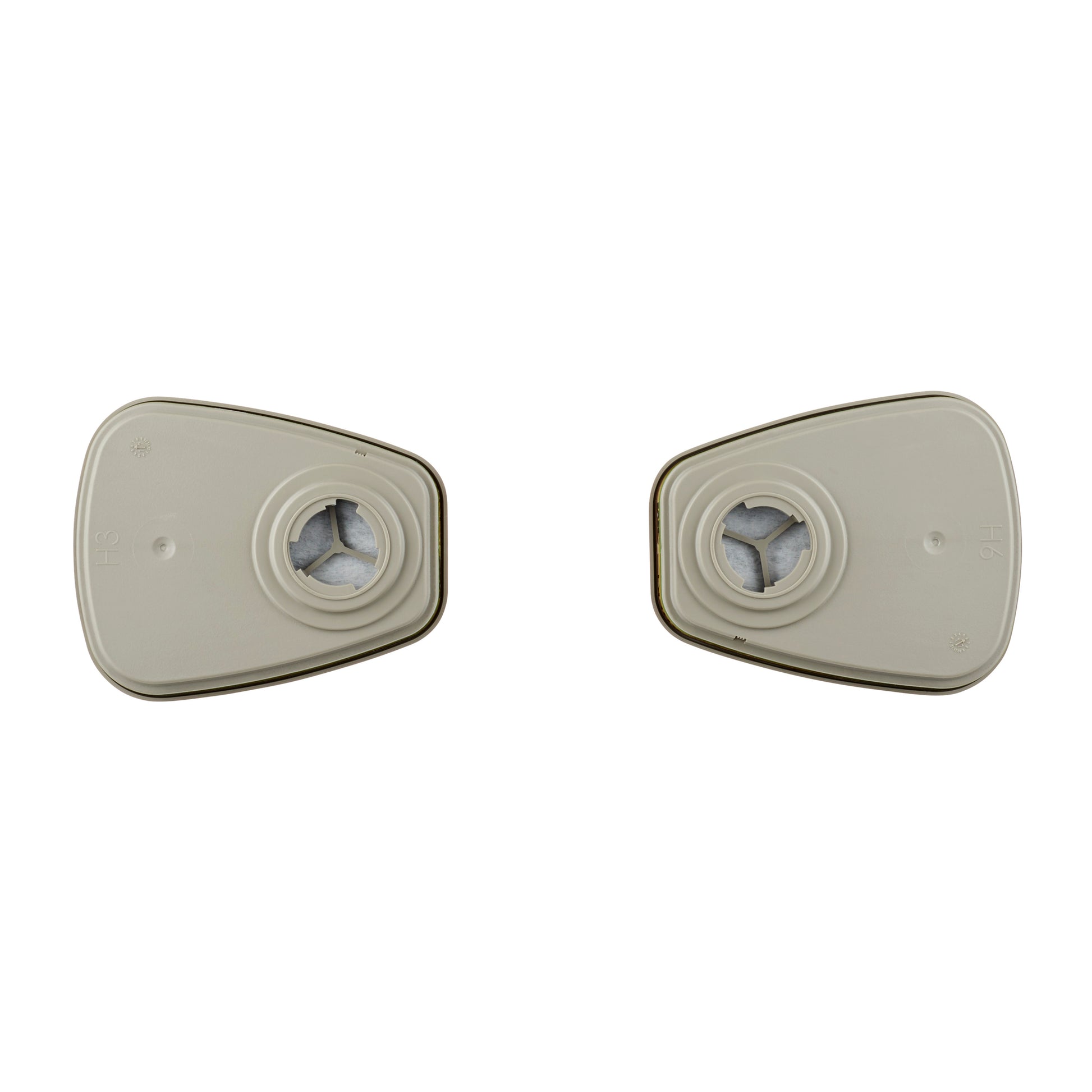 Zwei identische 3M™ Filterpatrone 6059 ABEK1-Kombinationsfilterpatronen (1 Paar/Packung, 3M Deutschland GmbH) mit zentralen kreisförmigen Öffnungen sind nebeneinander auf weißem Hintergrund abgebildet, geeignet für Atemschutzmasken.