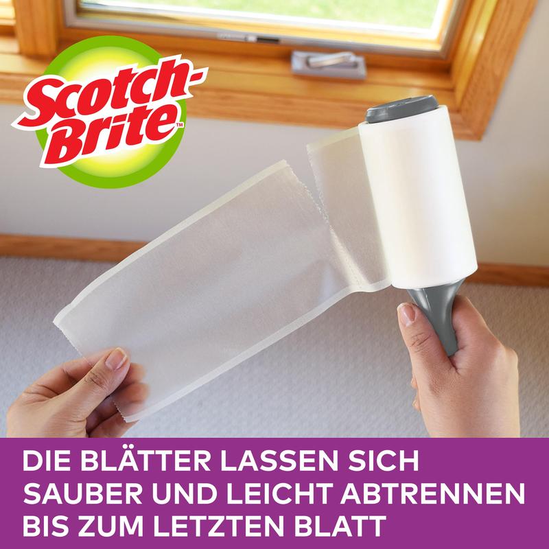 A person pulls a used sheet from a Scotch-Brite™ Everyday Clean Mini Lint Roller (30 sheets, colored handle, 1/pack) from 3M Deutschland GmbH. The German text explains how easily you can remove lint and pull off each sheet down to the last piece.