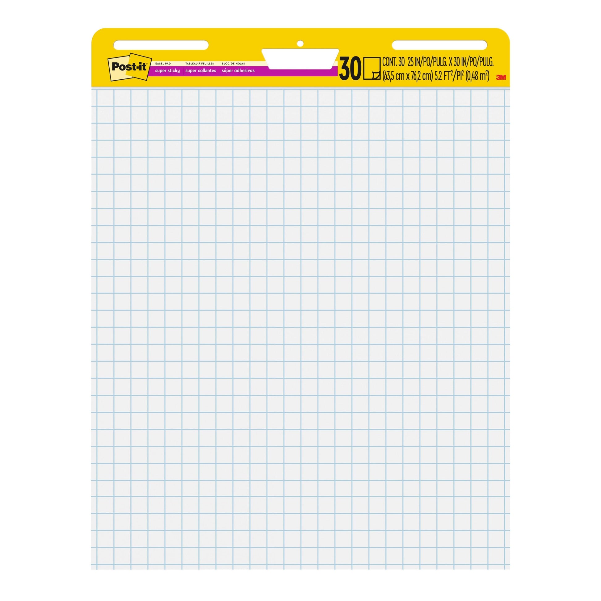 Ein Block mit 3M Post-it® Super Sticky Meeting Chart 560, weiß mit Raster, 63,5 x 76,2 cm, 30 Blatt pro Block, von 3M Deutschland GmbH.