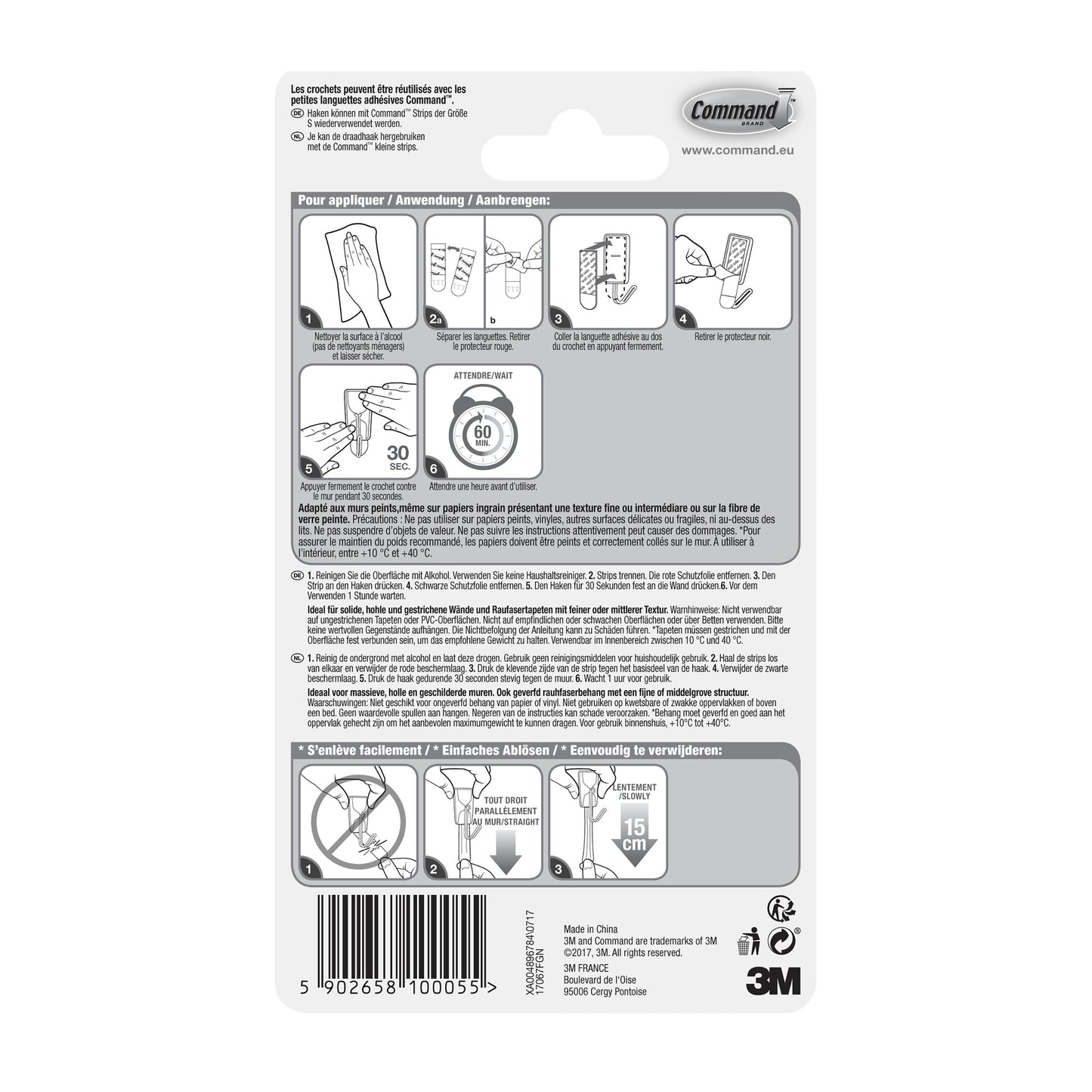 Rückseite eines Command™ Small Drahthaken, 17067 Packung von 3M Deutschland GmbH, mit französischer, deutscher und niederländischer Gebrauchs-/Entfernungsanleitung mit Diagrammen. Barcode und 3M-Logo am unteren Rand. Spurlos ablösbar und selbstklebend.