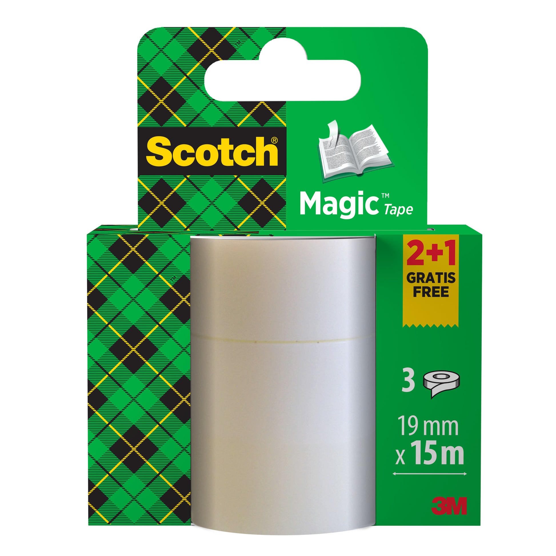 Drei Rollen Scotch® Magic™ Unsichtbares Klebeband (19 mm x 15 m) von 3M Deutschland GmbH sind in einer Packung mit der Aufschrift "2 Rollen + 1 GRATIS-Rolle" in einer grün karierten Schachtel verpackt. Das 3M-Logo befindet sich unten rechts.