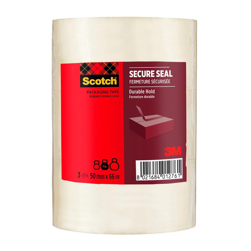 En pakke med 3 Scotch® emballasjetape for sikker forsegling (50 mm x 66 m) fra 3M Deutschland GmbH, med rød og svart emballasje med produktinformasjon, strekkode og et bilde av en eske som forsegles.
