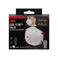La mascarilla antipartículas 3M™ Cool Flow™ 8833, FFP3 con válvula (paquete de 2 unidades) de 3M Deutschland GmbH ofrece protección FFP3, una filtración de partículas de hasta el 99 % y cómodas cintas rojas con diseño en blanco.