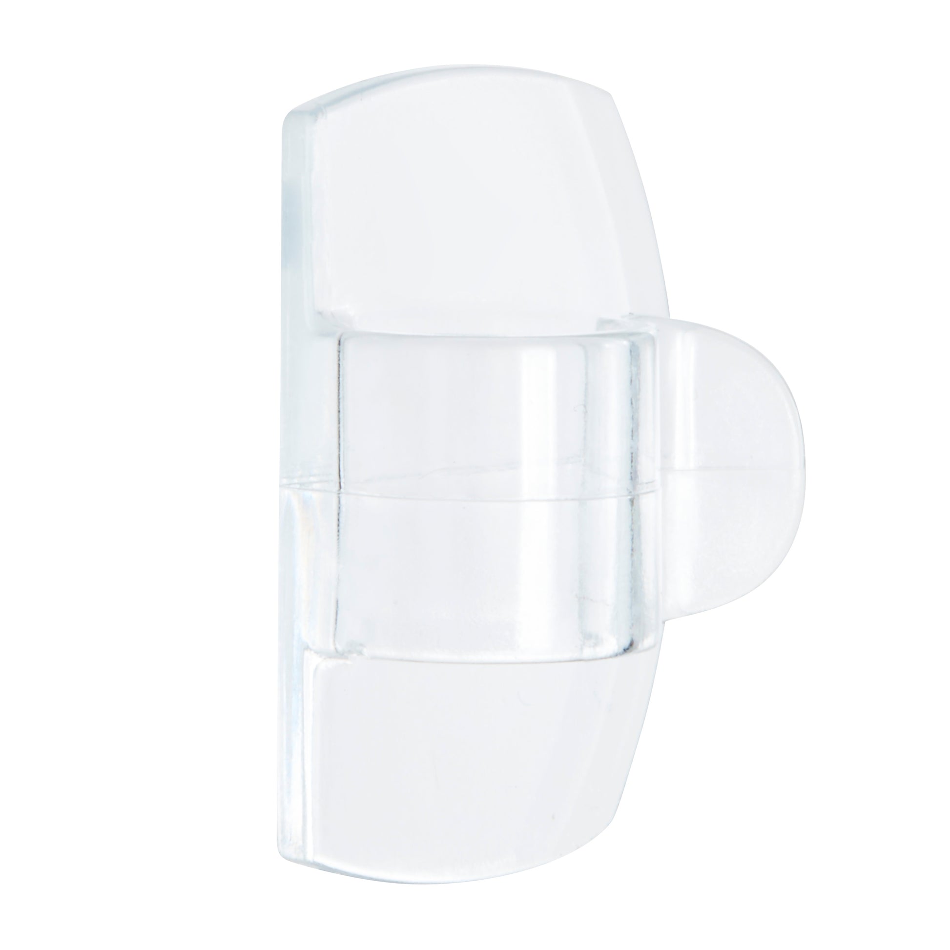 Die Command™ Outdoor Lichter-Clips (17017CLR-AWPU) von 3M Deutschland GmbH sind auf weißem Hintergrund abgebildet und verfügen über ein transparentes, gebogenes Kunststoffdesign mit einer flachen Basis und einem abgerundeten Abschnitt zum Aufhängen von Gegenständen. Die Packung enthält 8 Clips + 10 Streifen.