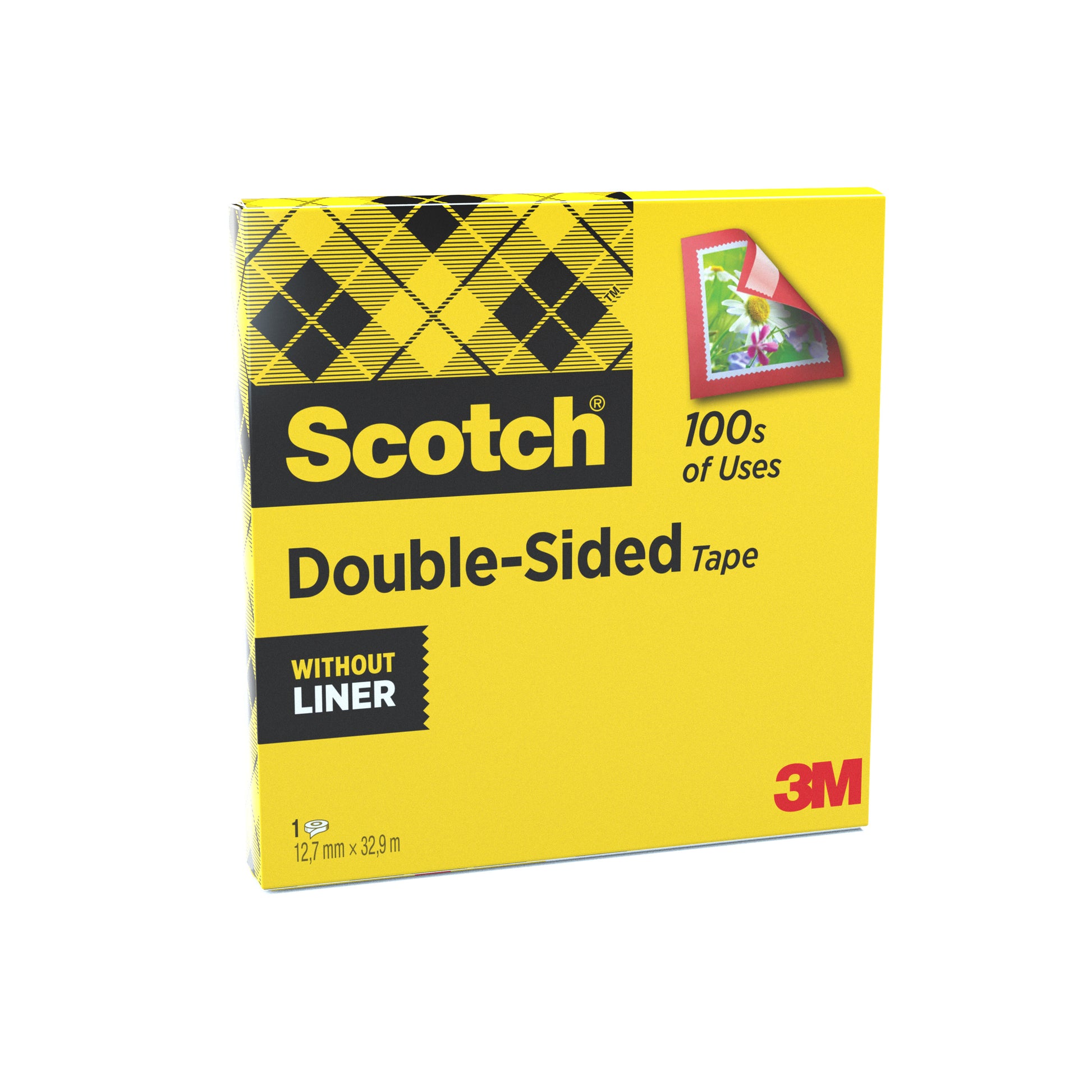 Eine gelbe Schachtel Scotch® doppelseitiges Klebeband von 3M Deutschland GmbH, 1 Rolle (12 mm x 33 m), mit der Aufschrift "OHNE LINER", enthält ein Bild eines aufgeklebten Fotos und den Text "100s of Uses".