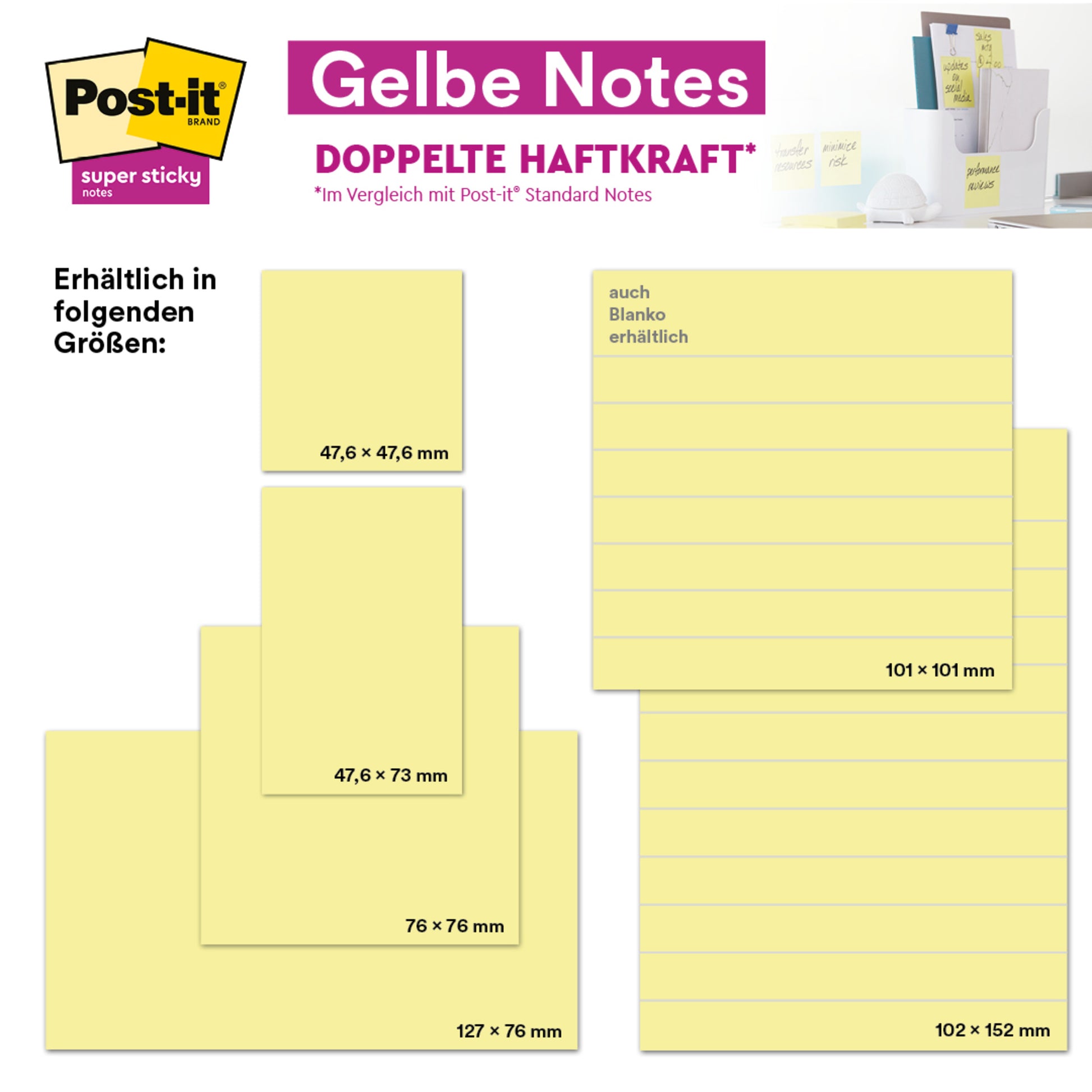 Eine Grafik zeigt vier Größen der gelben Post-it® Notes (76 x 127 mm) der 3M Deutschland GmbH mit der Aktion: 16 Blöcke kaufen, 4 gratis pro Packung (100 Blatt/Block), mit doppelter Klebekraft und PEFC-Zertifizierung.