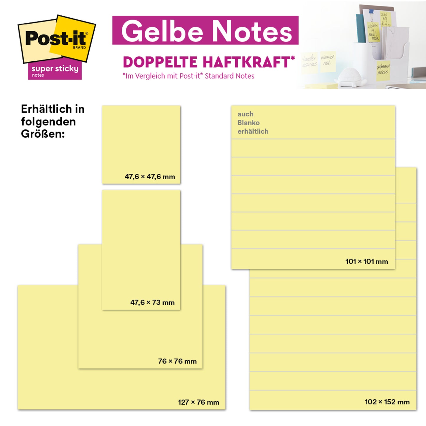 Eine Vergleichstabelle zeigt oben rechts Post-it® Notes der 3M Deutschland GmbH in gelb, Größe 51 x 76 mm, in einer Verpackung von 12 Blöcken (à 100 Blatt) für die bequeme Auswahl des Bürobedarfs; hergestellt aus 100% PEFC-zertifiziertem Papier.