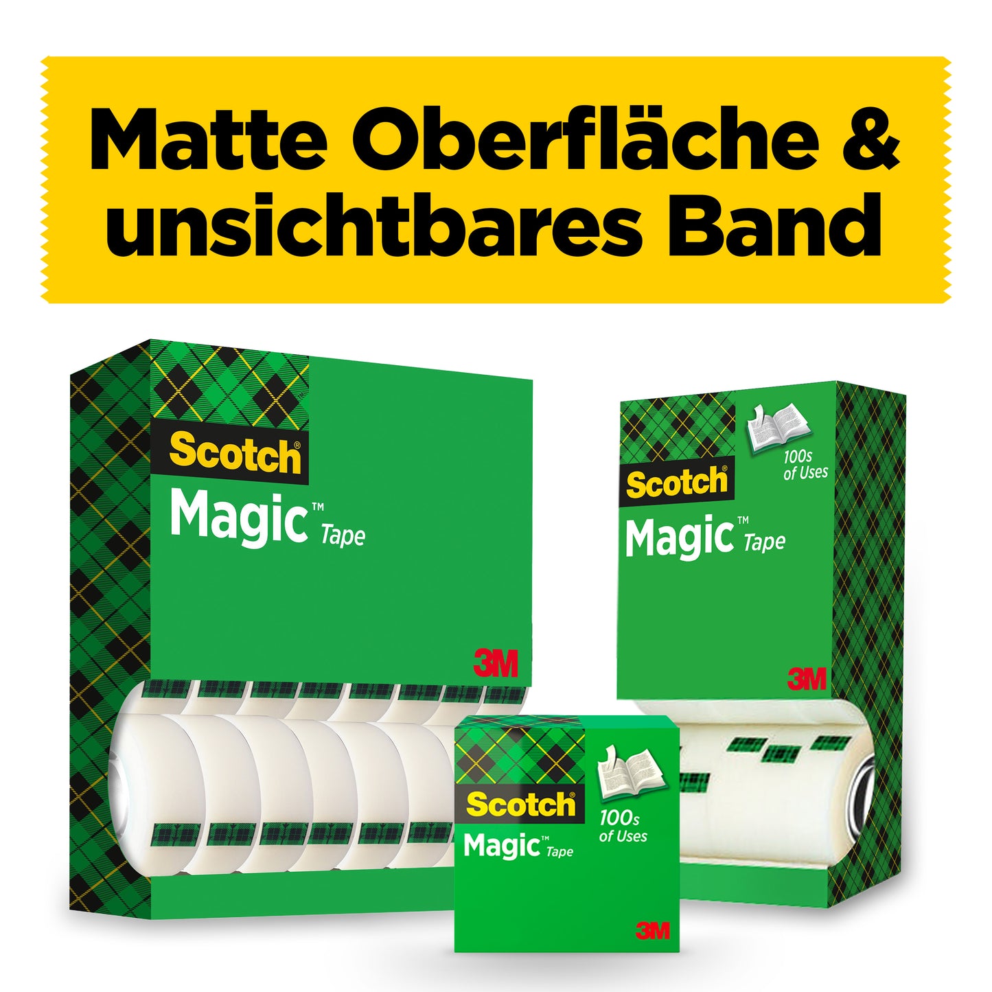 Drei Kartons Scotch® Magic™ Unsichtbares Klebeband von 3M Deutschland GmbH sind in verschiedenen Größen mit sichtbaren Rollen abgebildet. Oben ist ein gelbes Banner mit der Aufschrift "Matte Oberfläche & unsichtbares Band" zu sehen, und auf jeder Schachtel befindet sich das 3M-Logo.