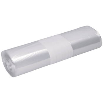 El rollo transparente DEISS 99072 (450x550x0,025 mm, 50 bolsas) de EMIL DEISS KG (GmbH + Co.) está representado ante un fondo blanco sencillo, enrollado firmemente y asegurado en el centro con una banda de papel blanco.