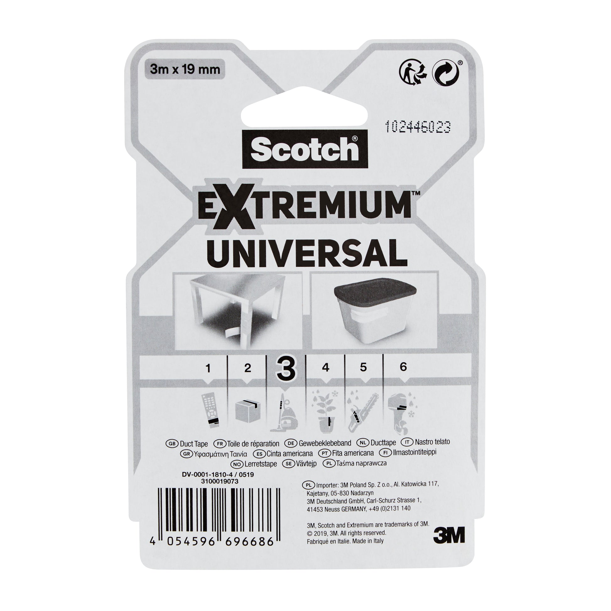 Auf einer Packung Scotch® Extremium™ Universal Klebeband, 3 m x 19 mm von 3M Deutschland GmbH sind der Produktname, Anwendungsbilder, eine mehrsprachige Anleitung und das 3M Logo unten rechts abgebildet.