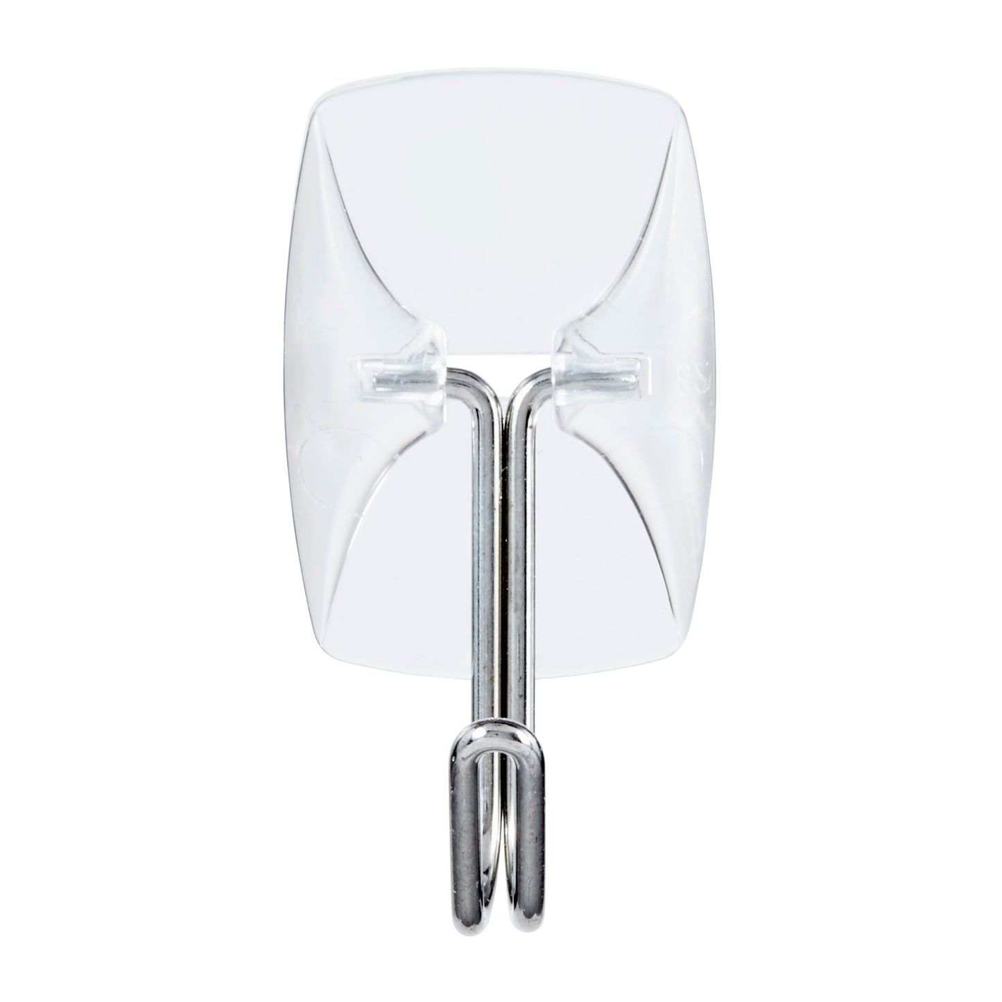 Der 3M Deutschland GmbH Command™ Drahthaken, klein, transparent, mit transparenten Strips ist ein durchsichtiger Kunststoff-Wandhaken mit einem Metallhaken, der auf weißem Hintergrund abgebildet ist.