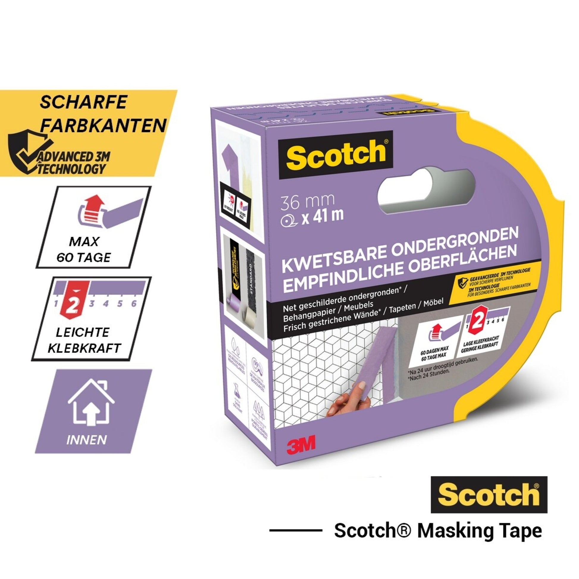 A 3M Deutschland GmbH Scotch® Malerabdeckband für empfindliche Oberflächen, 24 mm x 41 m, 1 Rolle/Packung; scharfe Farblinien, niedrige Haftung, max. 60 Tage Nutzung im Innenbereich; Text auf Deutsch und Niederländisch.